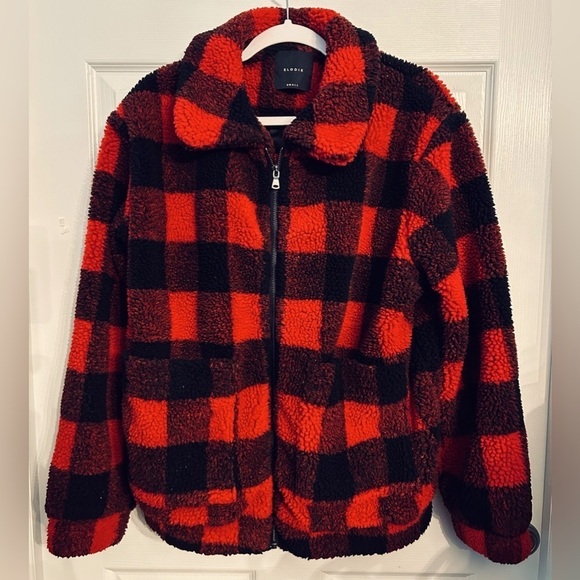 ELODIE Nordstrom Bomber Fleece Plaid Jacket- Red/Black Size Small - Picture 3 of 7